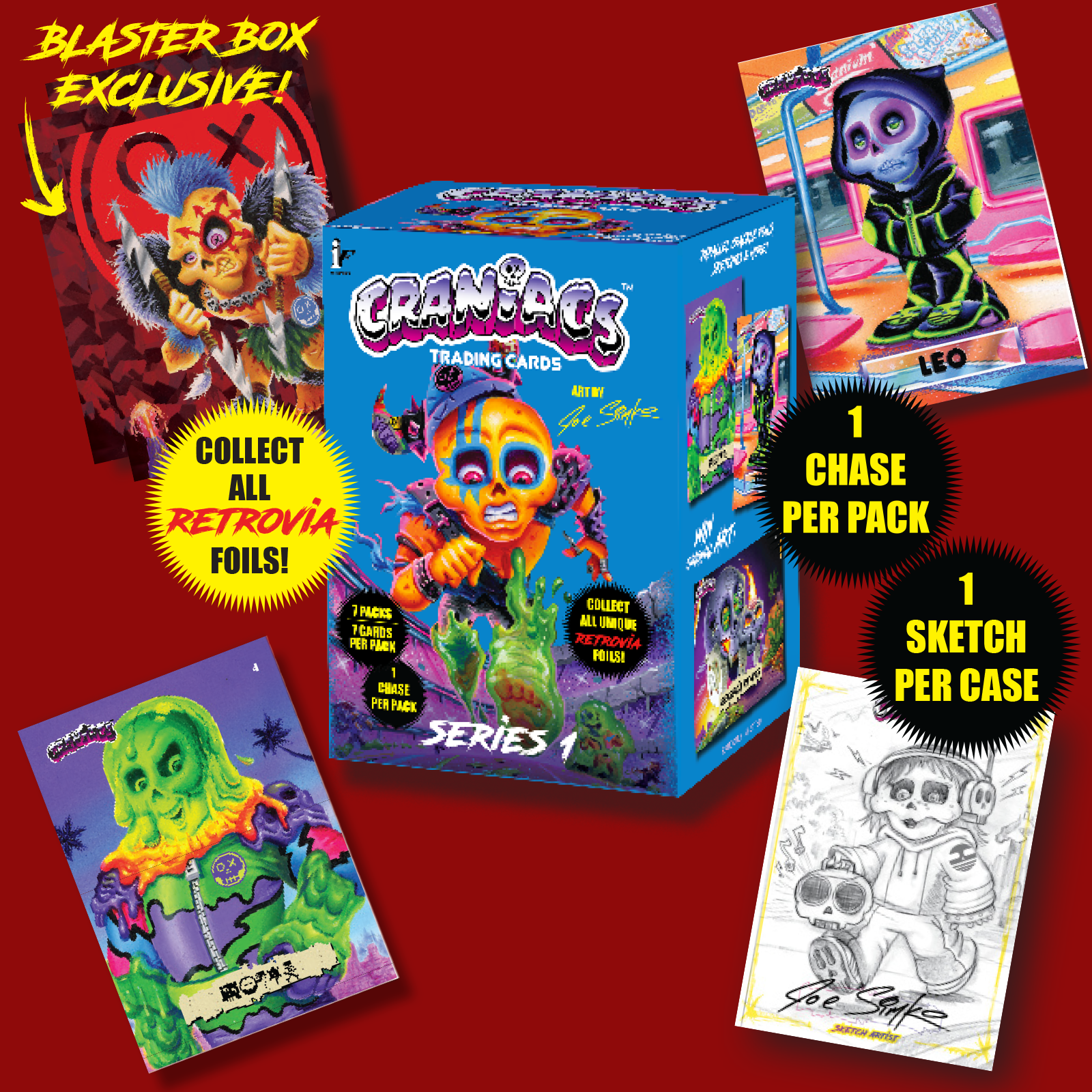 CRANIACS Series 1 Blaster Box - product display showing box, Retrovia foil chase cards and sketch card