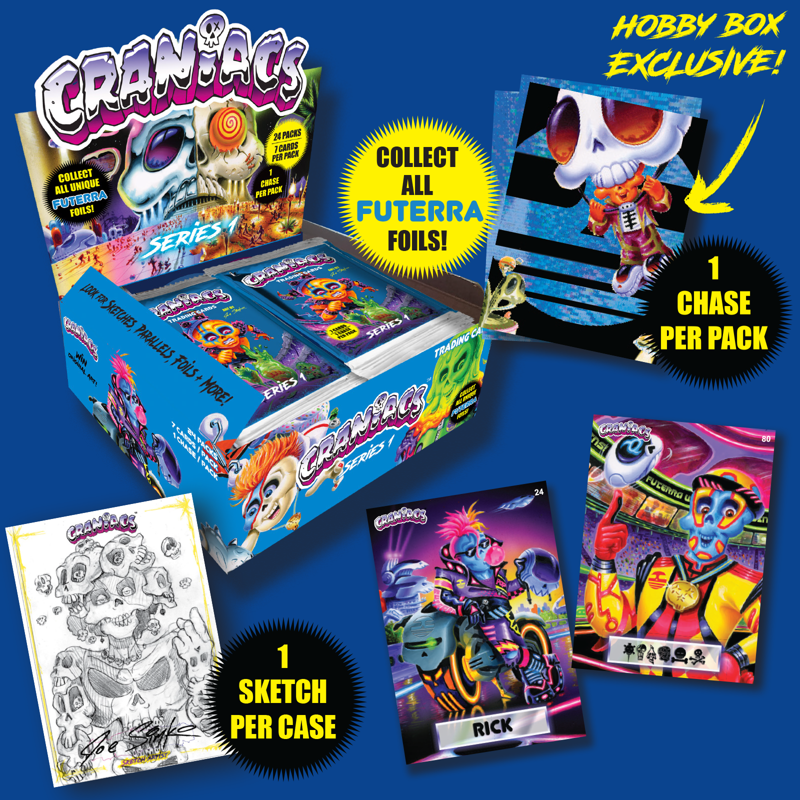 CRANIACS Series 1 Hobby Box - product display showing box, packs, chase foils and sketch card